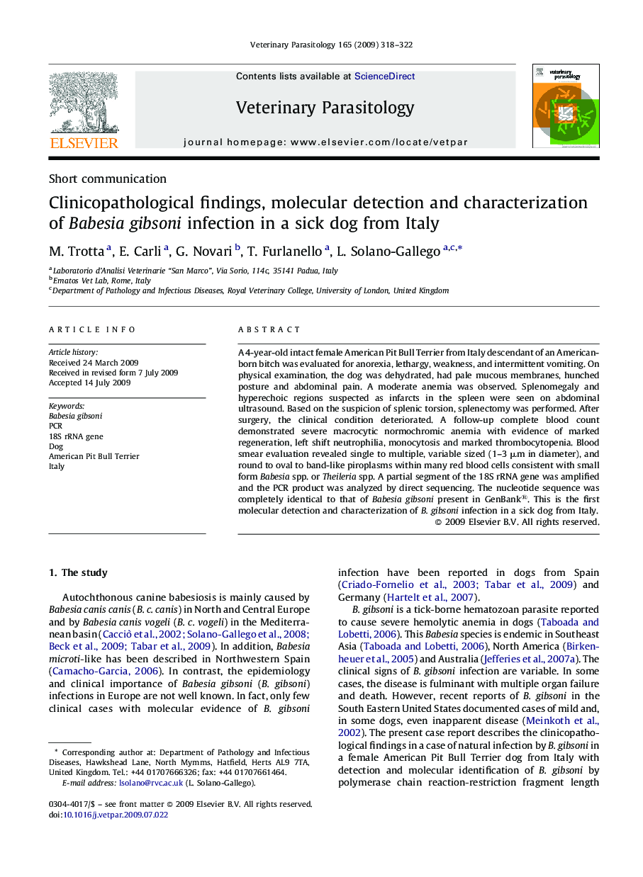 Clinicopathological findings, molecular detection and characterization of Babesia gibsoni infection in a sick dog from Italy