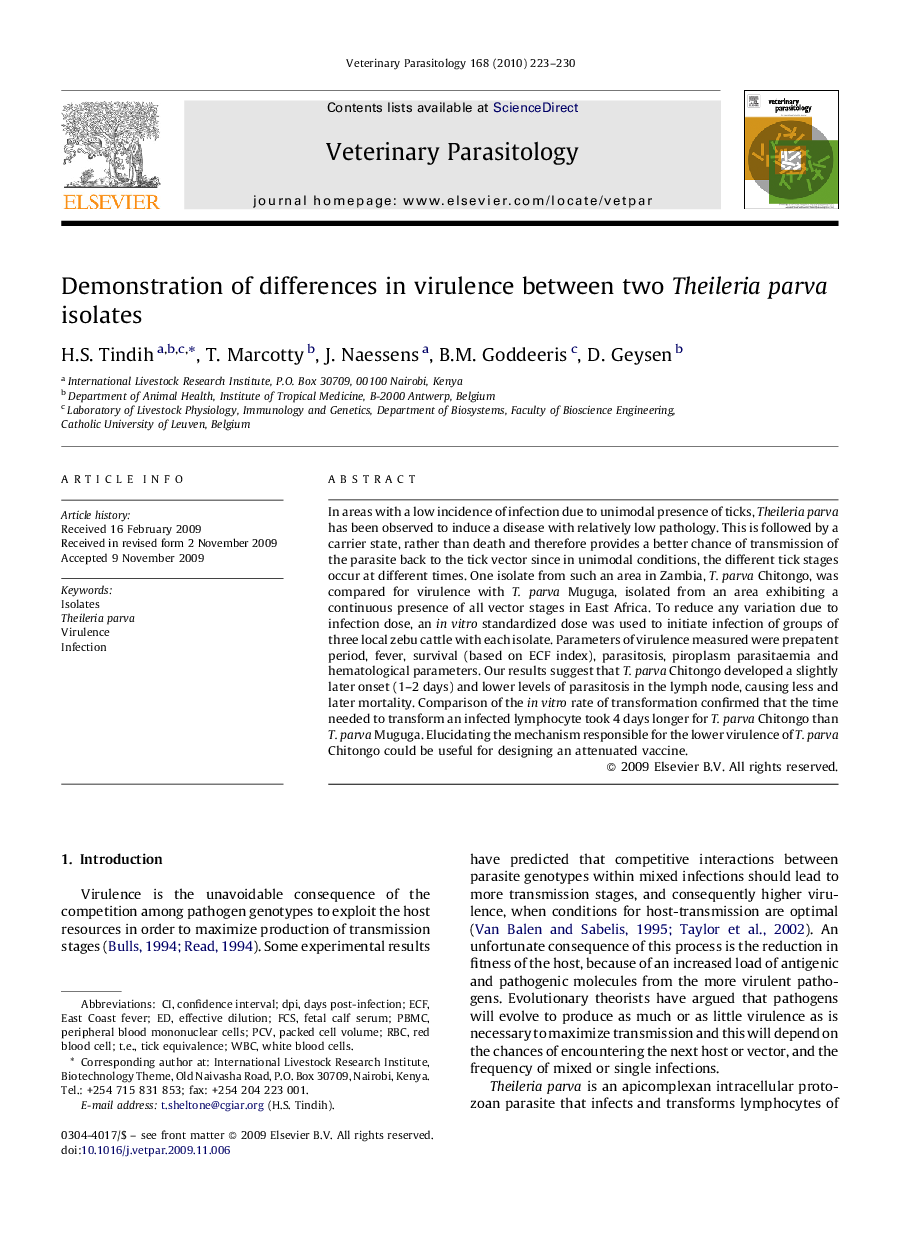 Demonstration of differences in virulence between two Theileria parva isolates