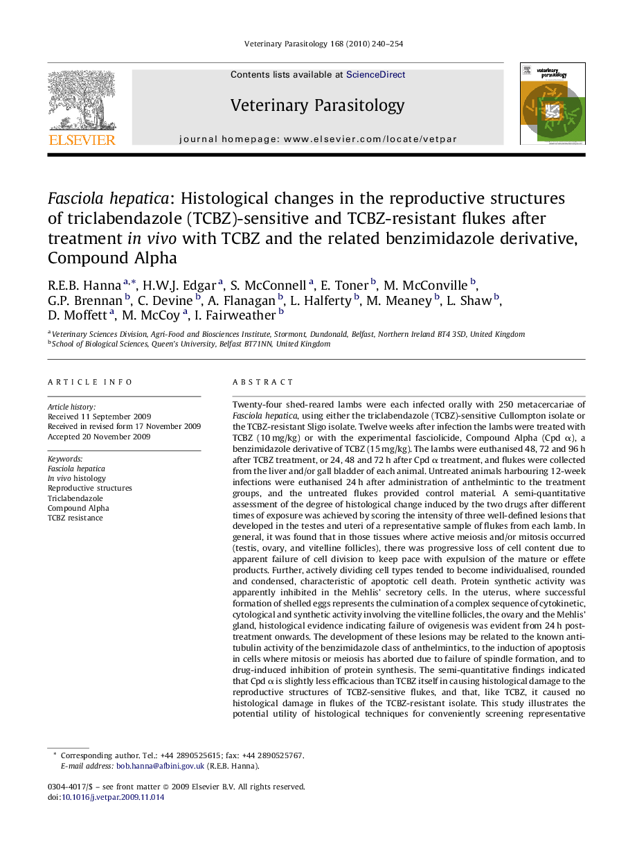 Fasciola hepatica: Histological changes in the reproductive structures of triclabendazole (TCBZ)-sensitive and TCBZ-resistant flukes after treatment in vivo with TCBZ and the related benzimidazole derivative, Compound Alpha