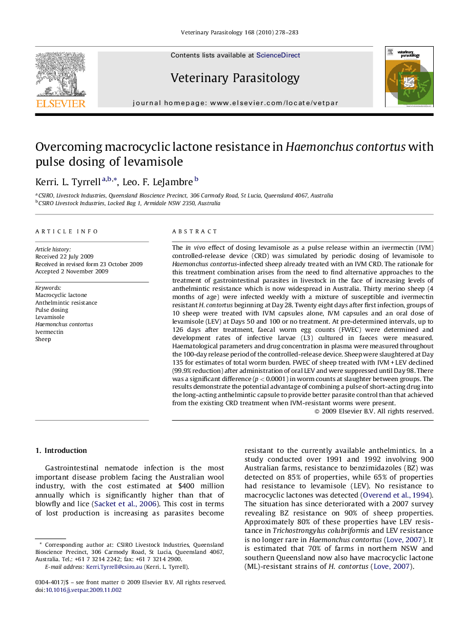 Overcoming macrocyclic lactone resistance in Haemonchus contortus with pulse dosing of levamisole