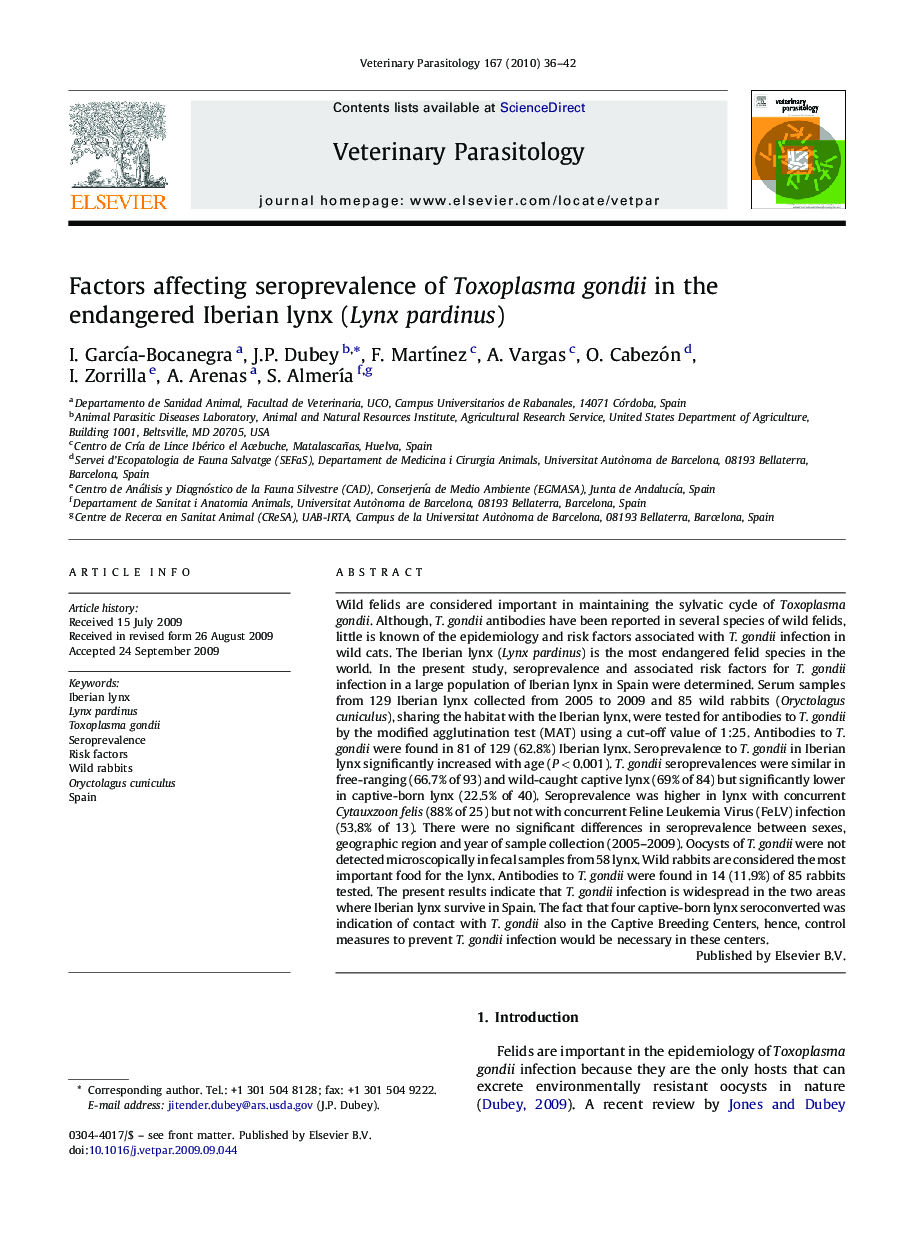 Factors affecting seroprevalence of Toxoplasma gondii in the endangered Iberian lynx (Lynx pardinus)