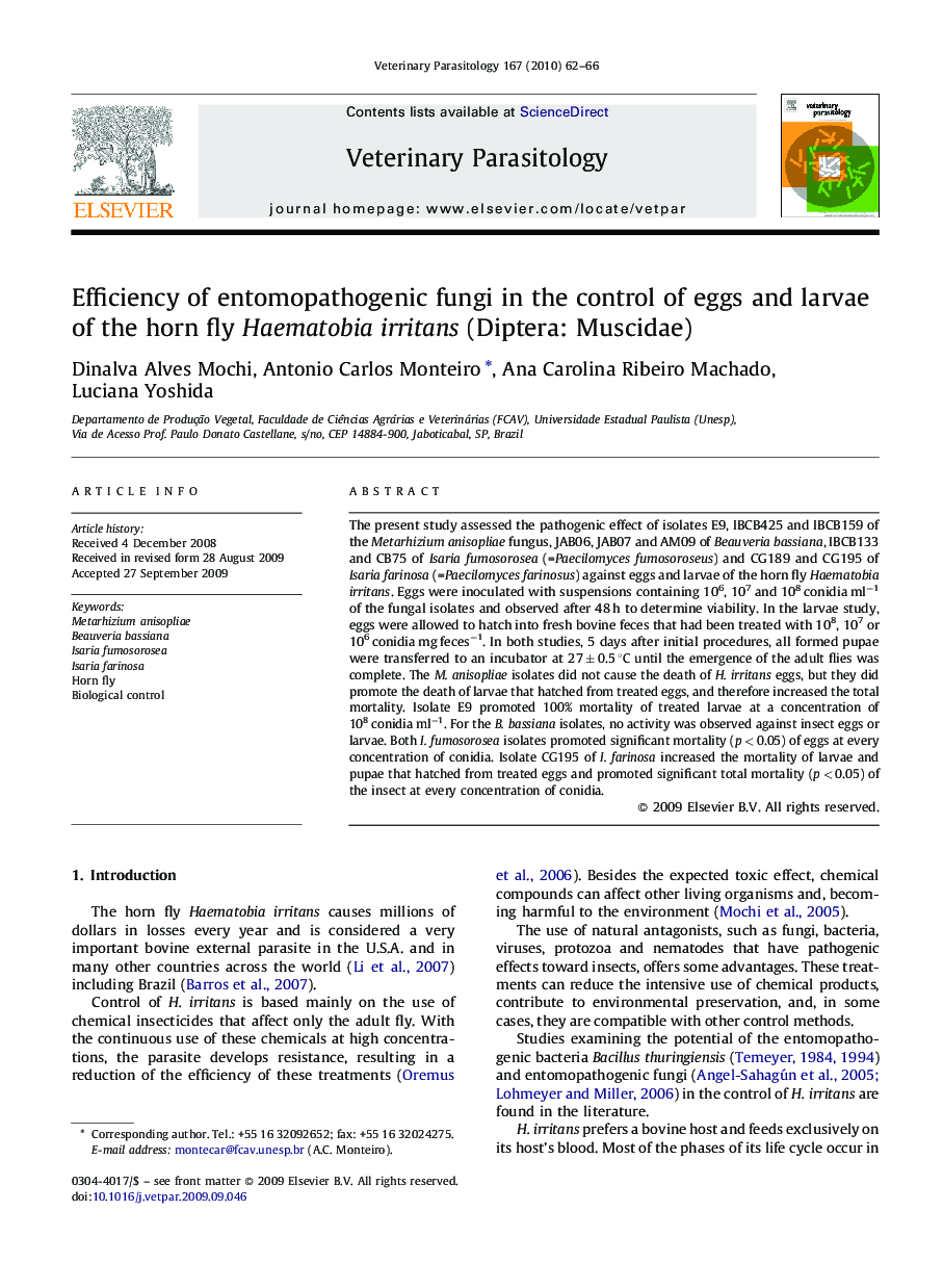 Efficiency of entomopathogenic fungi in the control of eggs and larvae of the horn fly Haematobia irritans (Diptera: Muscidae)