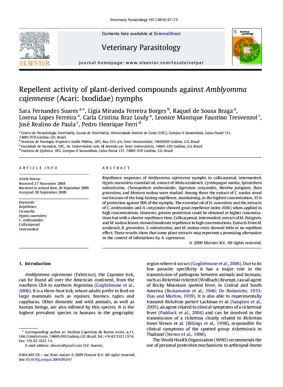 Repellent activity of plant-derived compounds against Amblyomma cajennense (Acari: Ixodidae) nymphs