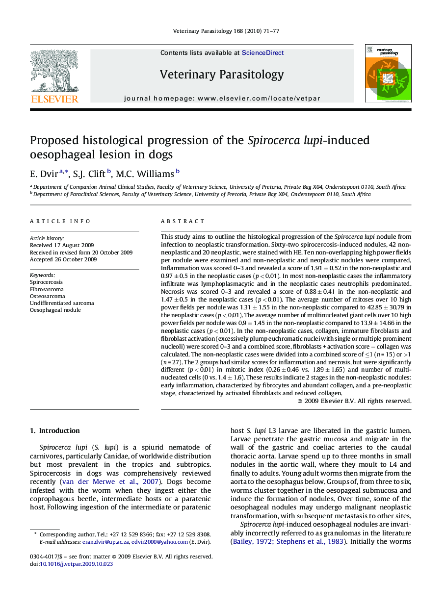 Proposed histological progression of the Spirocerca lupi-induced oesophageal lesion in dogs