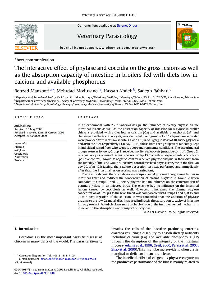 The interactive effect of phytase and coccidia on the gross lesions as well as the absorption capacity of intestine in broilers fed with diets low in calcium and available phosphorous