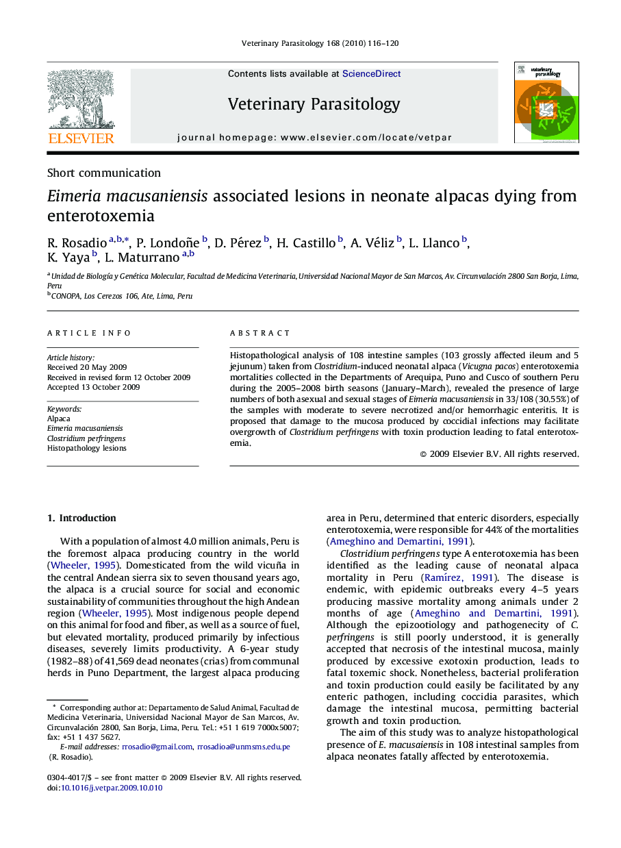 Eimeria macusaniensis associated lesions in neonate alpacas dying from enterotoxemia