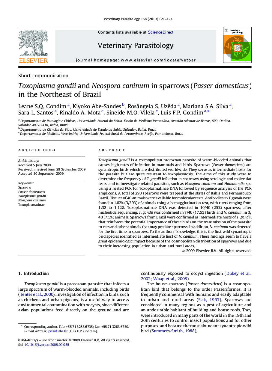 Toxoplasma gondii and Neospora caninum in sparrows (Passer domesticus) in the Northeast of Brazil