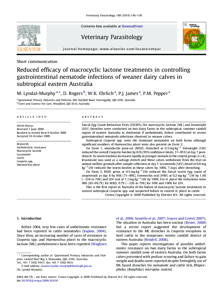 Reduced efficacy of macrocyclic lactone treatments in controlling gastrointestinal nematode infections of weaner dairy calves in subtropical eastern Australia