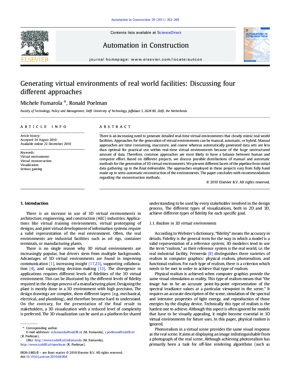 Generating virtual environments of real world facilities: Discussing four different approaches