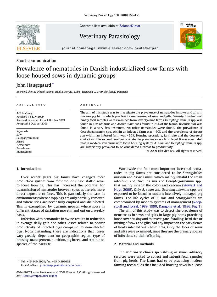 Prevalence of nematodes in Danish industrialized sow farms with loose housed sows in dynamic groups