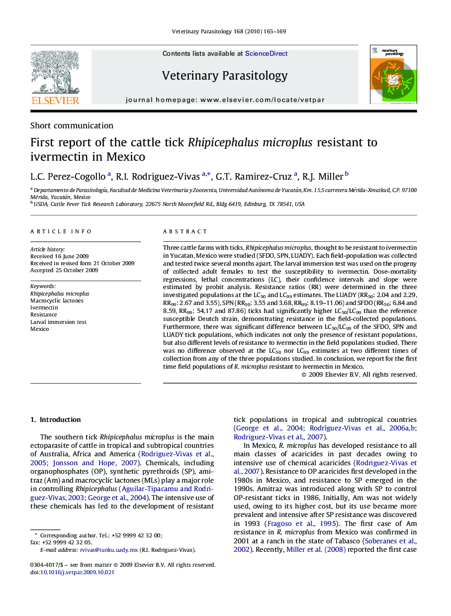 First report of the cattle tick Rhipicephalus microplus resistant to ivermectin in Mexico