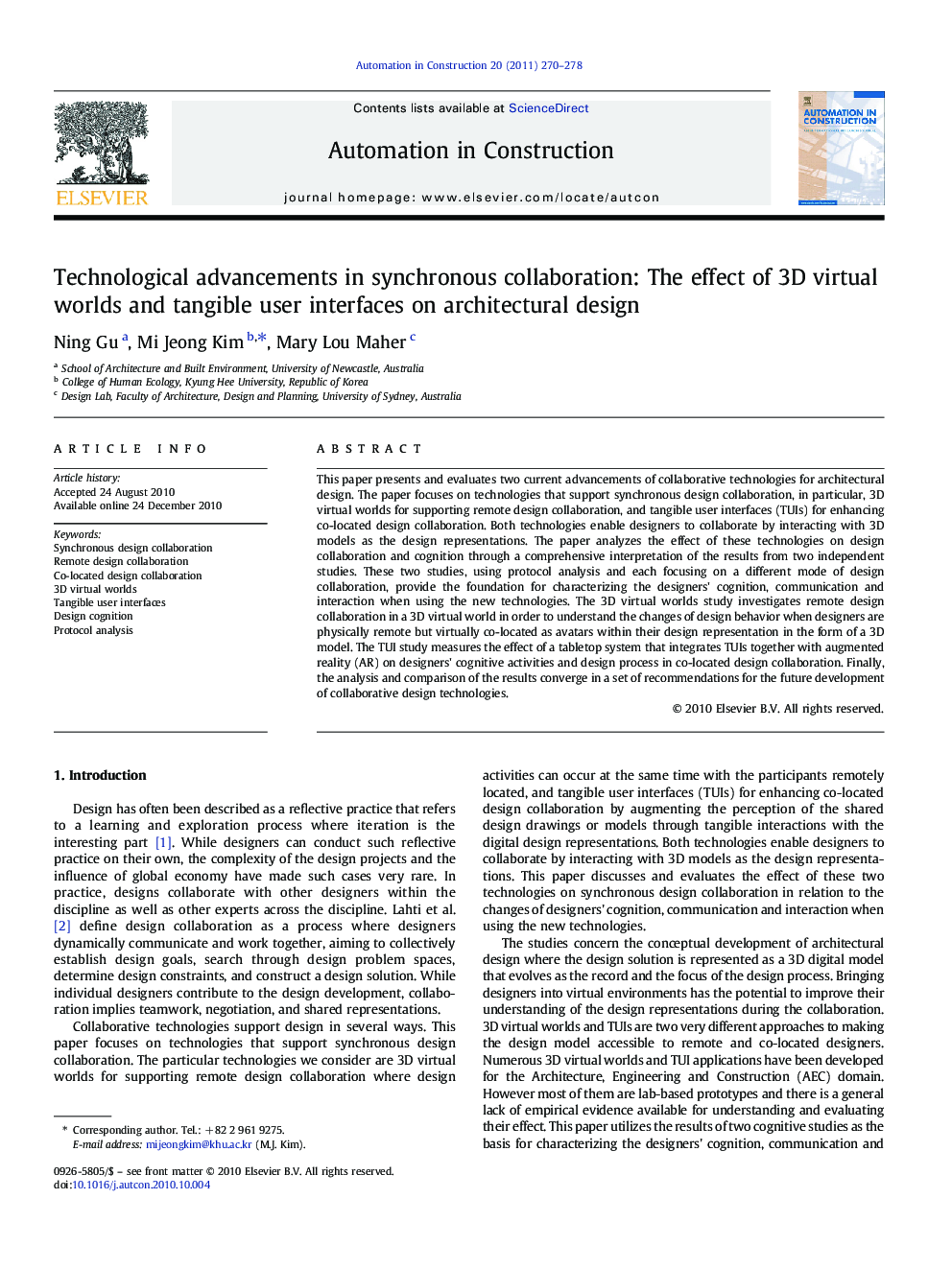 Technological advancements in synchronous collaboration: The effect of 3D virtual worlds and tangible user interfaces on architectural design