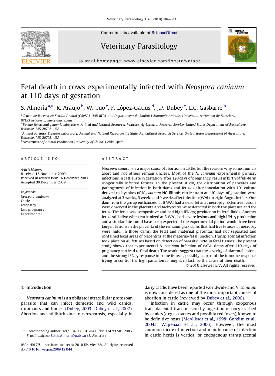 Fetal death in cows experimentally infected with Neospora caninum at 110 days of gestation