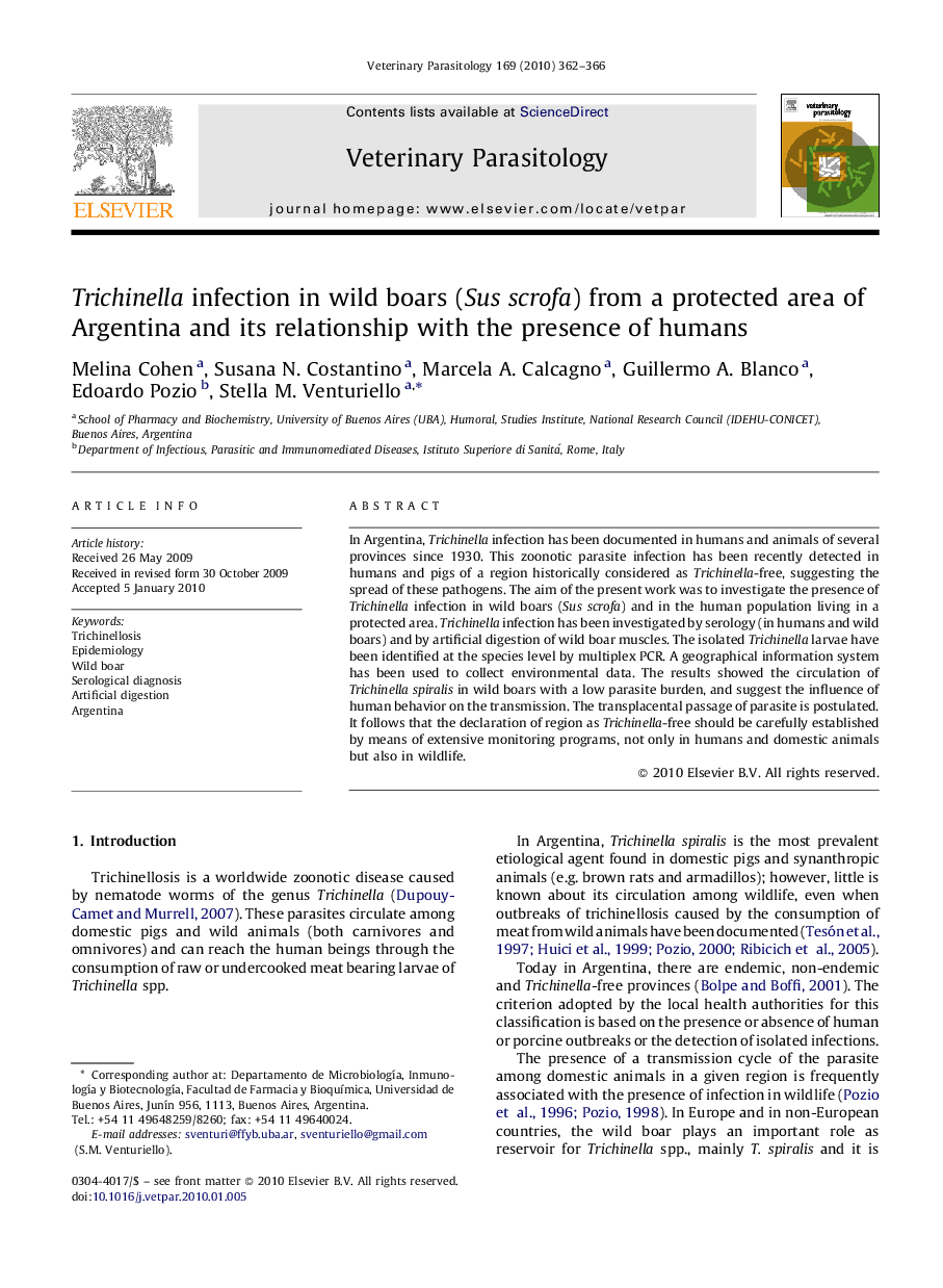 Trichinella infection in wild boars (Sus scrofa) from a protected area of Argentina and its relationship with the presence of humans