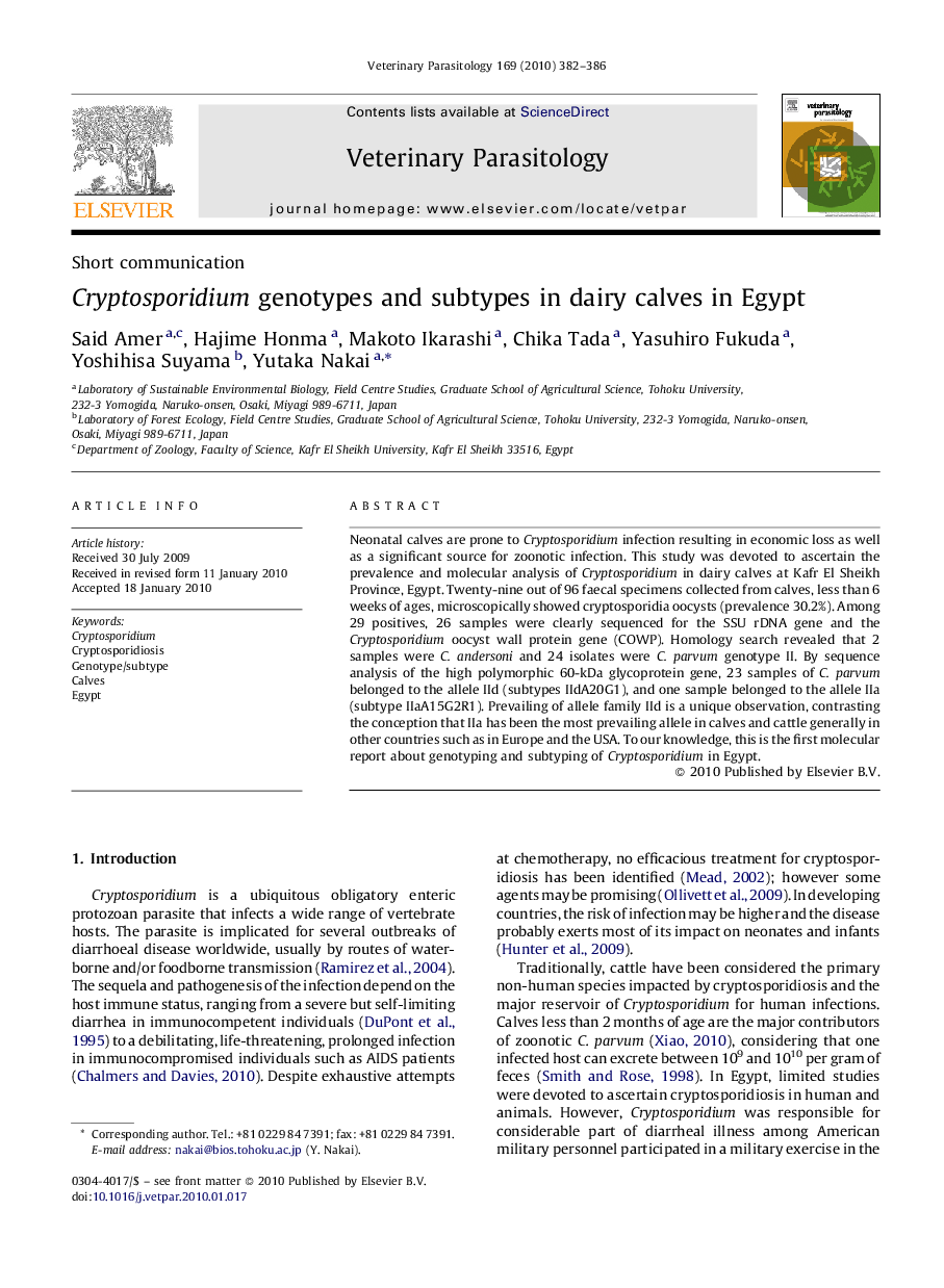 Cryptosporidium genotypes and subtypes in dairy calves in Egypt