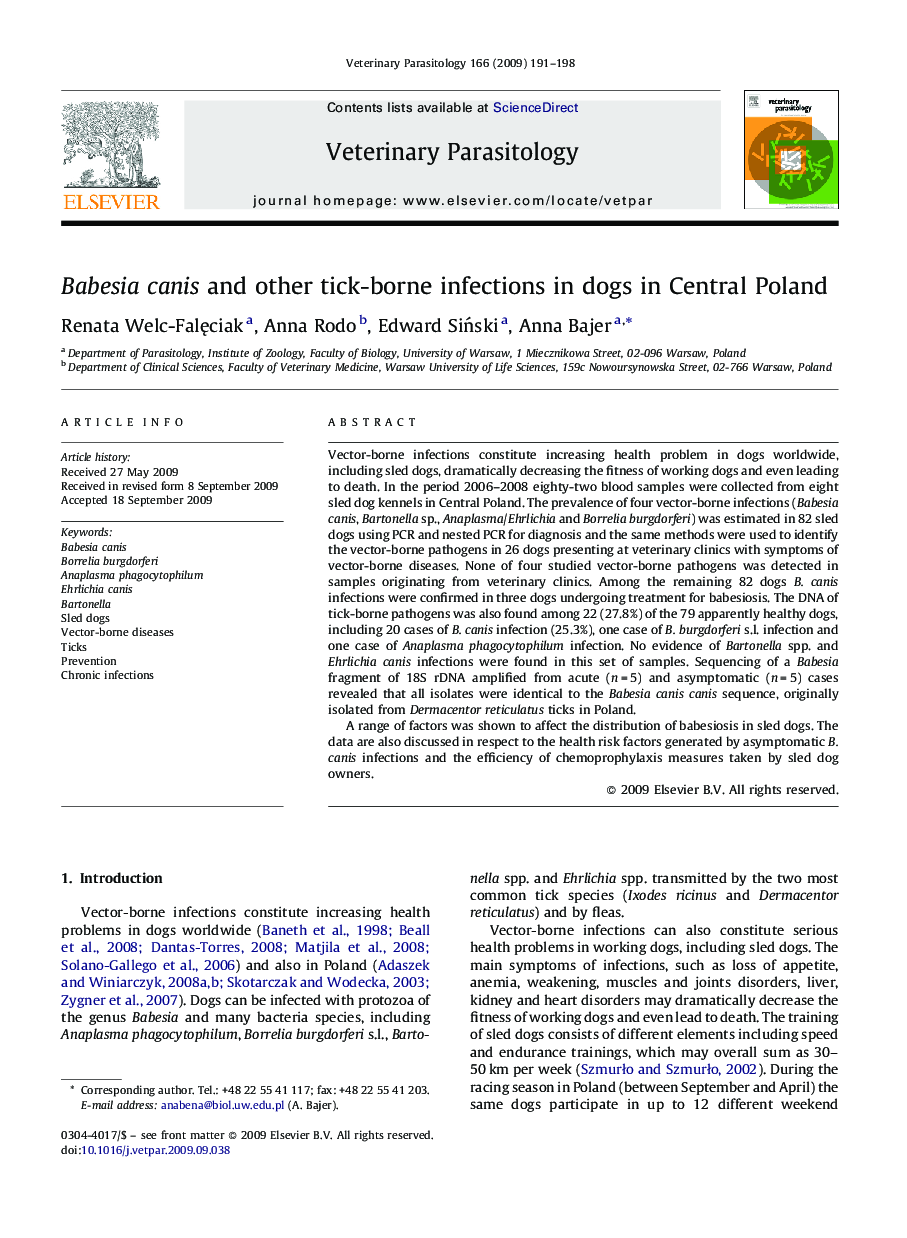 Babesia canis and other tick-borne infections in dogs in Central Poland