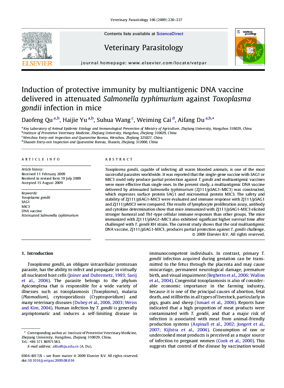 Induction of protective immunity by multiantigenic DNA vaccine delivered in attenuated Salmonella typhimurium against Toxoplasma gondii infection in mice