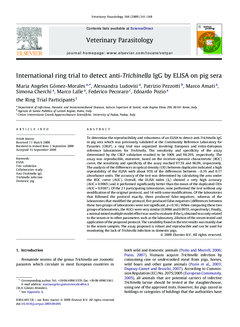 International ring trial to detect anti-Trichinella IgG by ELISA on pig sera