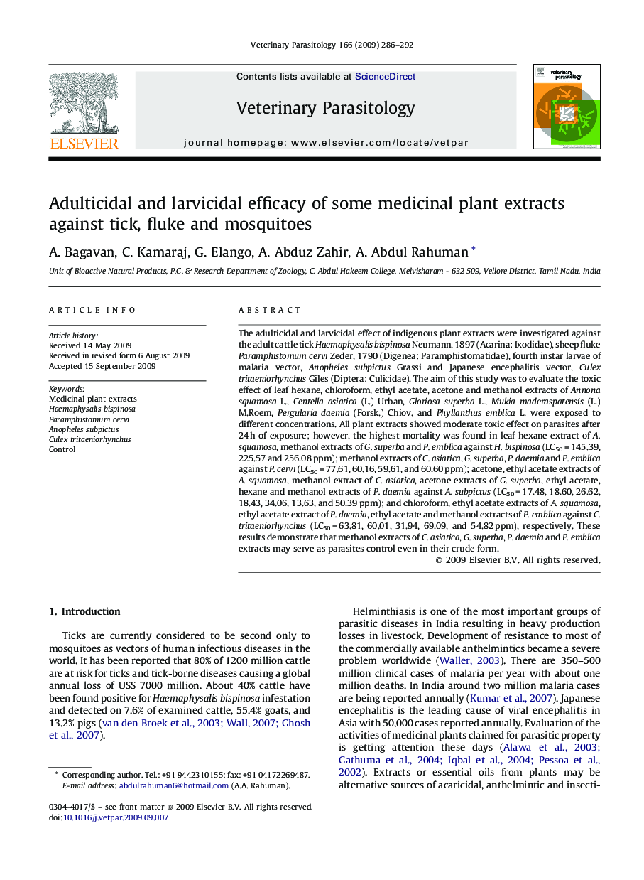 Adulticidal and larvicidal efficacy of some medicinal plant extracts against tick, fluke and mosquitoes