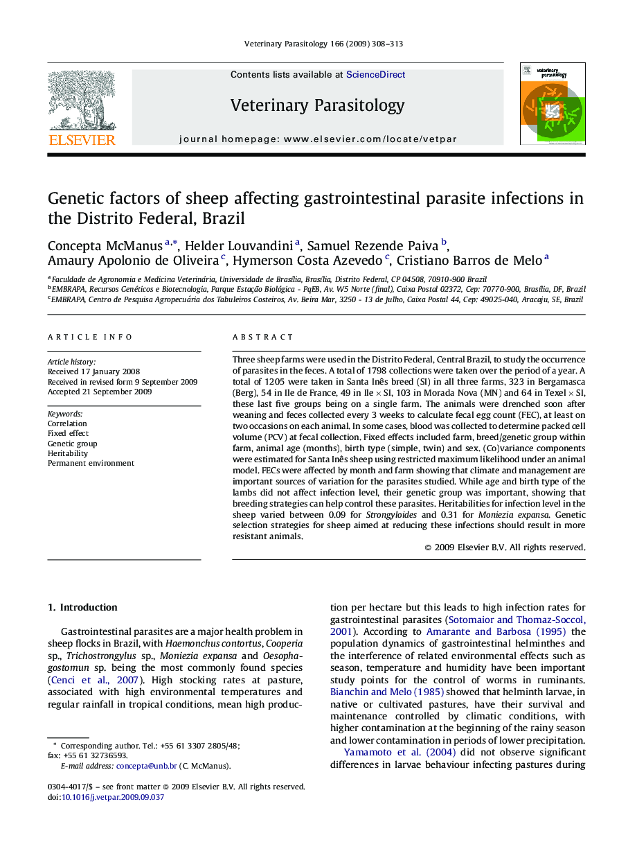 Genetic factors of sheep affecting gastrointestinal parasite infections in the Distrito Federal, Brazil