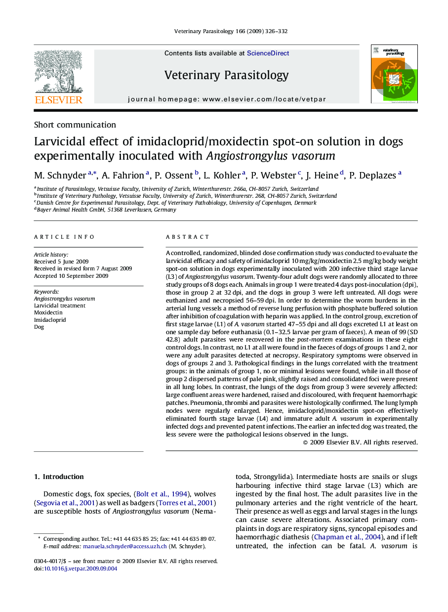 Larvicidal effect of imidacloprid/moxidectin spot-on solution in dogs experimentally inoculated with Angiostrongylus vasorum