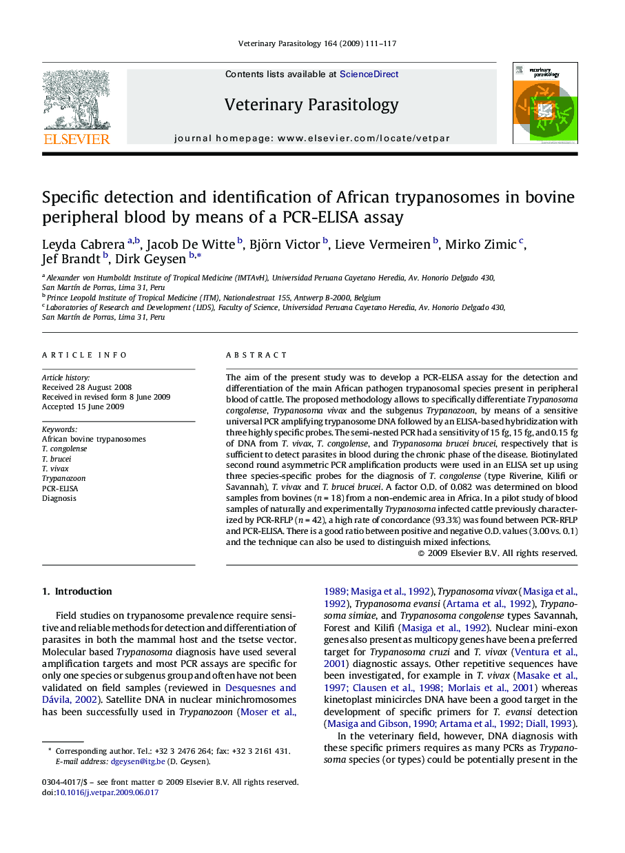 Specific detection and identification of African trypanosomes in bovine peripheral blood by means of a PCR-ELISA assay