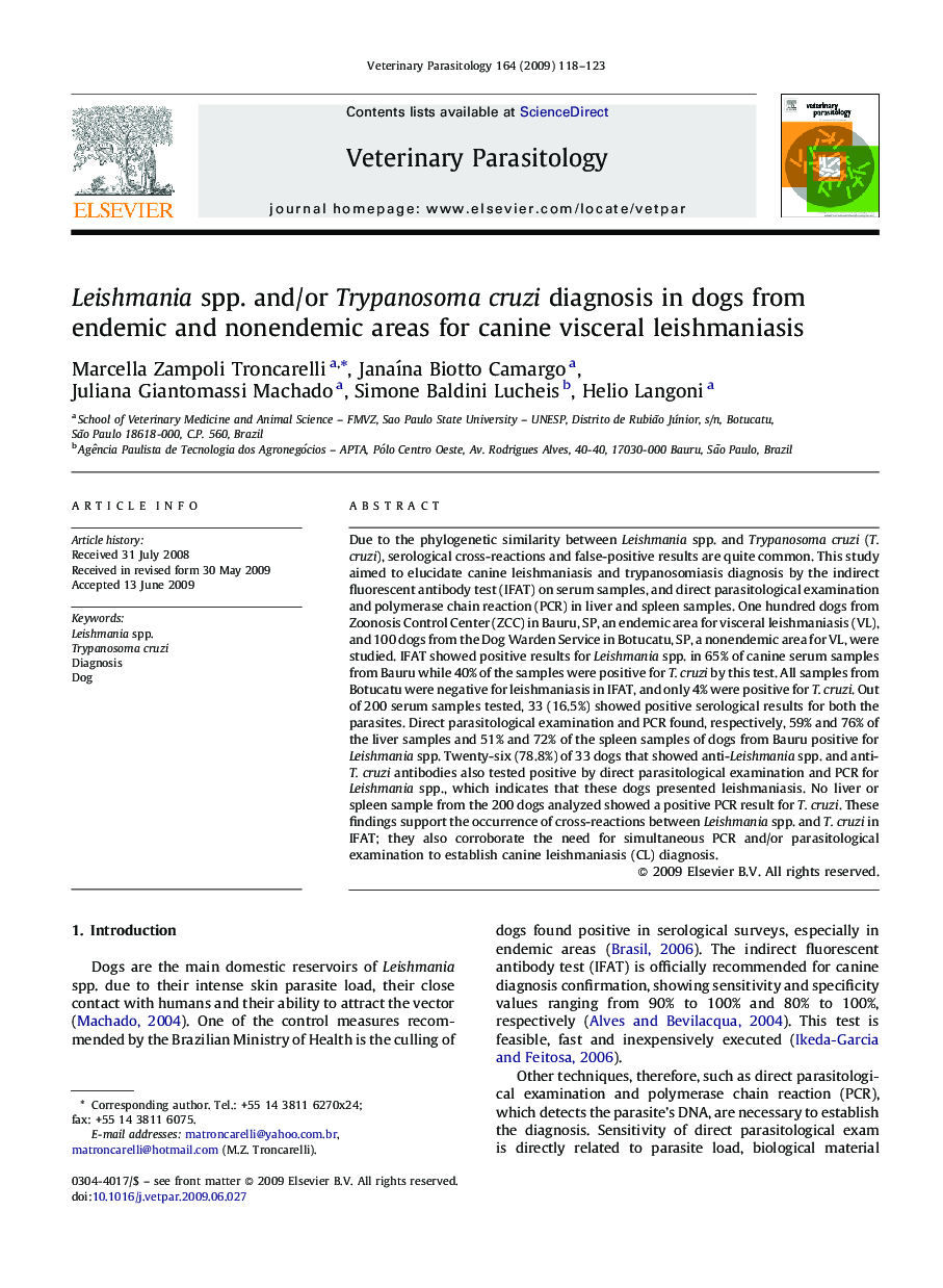 Leishmania spp. and/or Trypanosoma cruzi diagnosis in dogs from endemic and nonendemic areas for canine visceral leishmaniasis