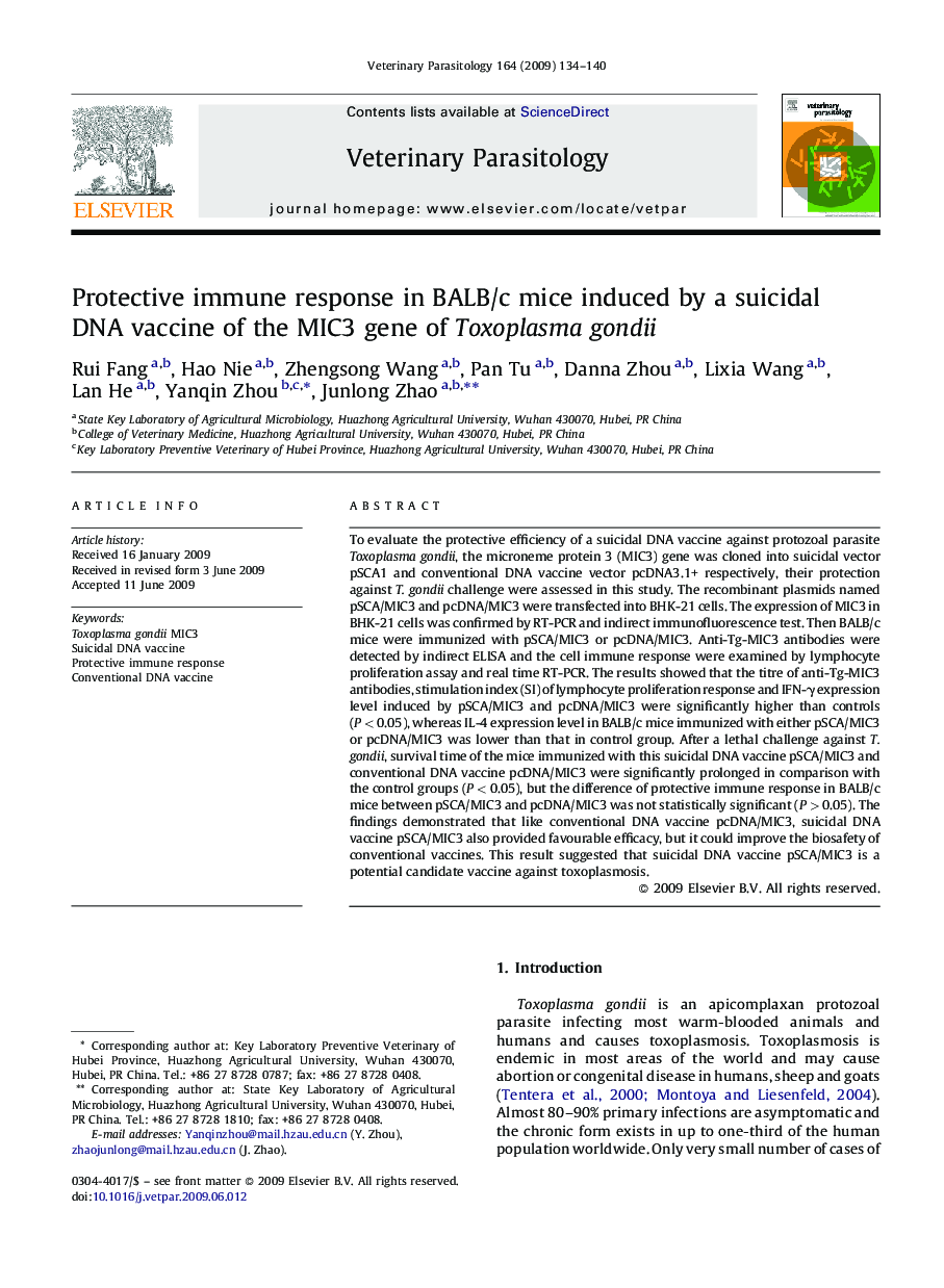 Protective immune response in BALB/c mice induced by a suicidal DNA vaccine of the MIC3 gene of Toxoplasma gondii