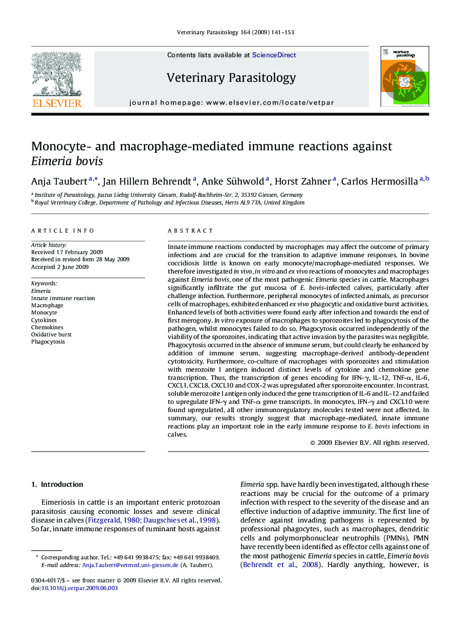 Monocyte- and macrophage-mediated immune reactions against Eimeria bovis