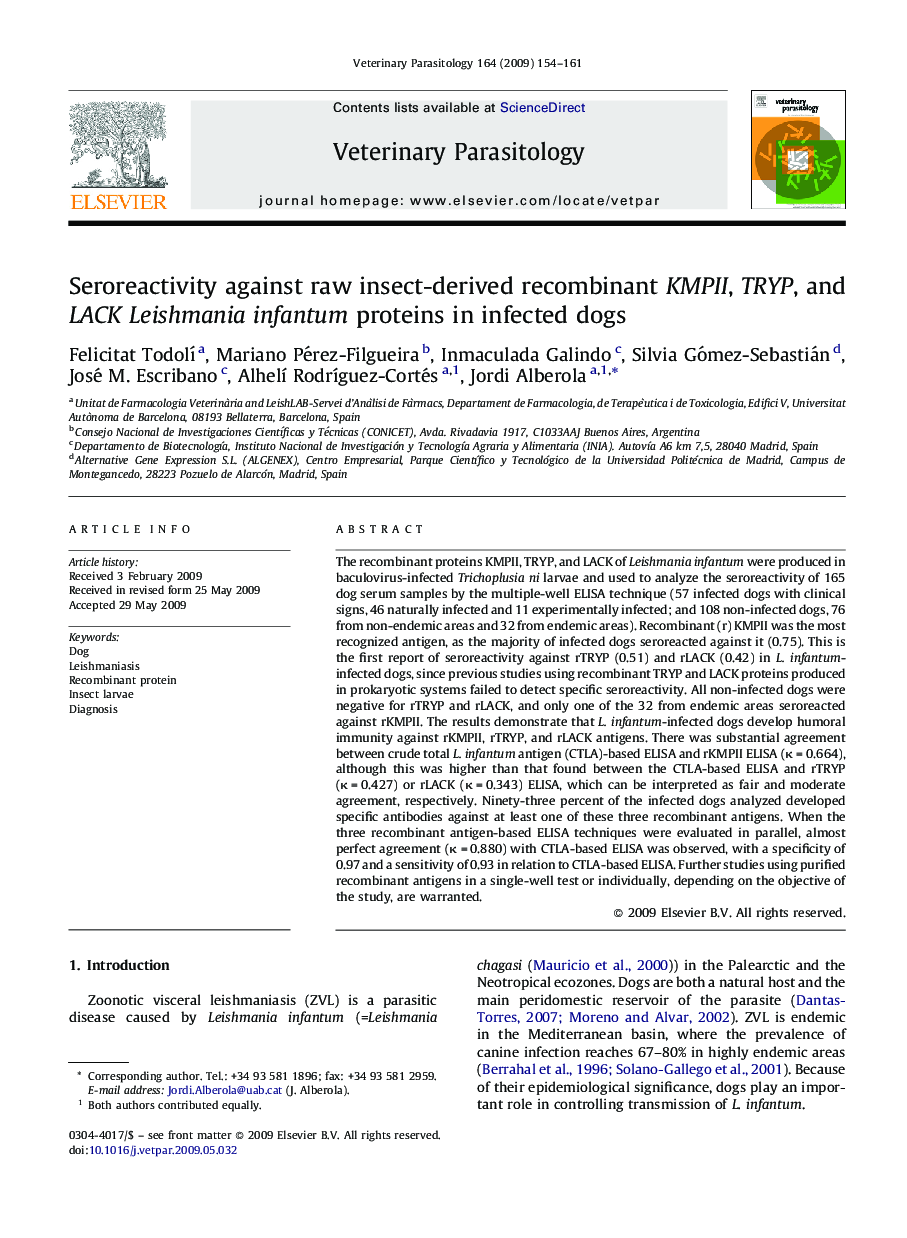 Seroreactivity against raw insect-derived recombinant KMPII, TRYP, and LACK Leishmania infantum proteins in infected dogs