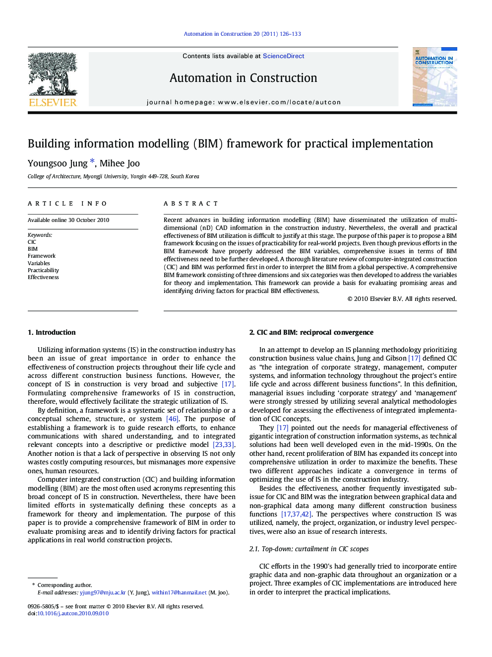 Building information modelling (BIM) framework for practical implementation