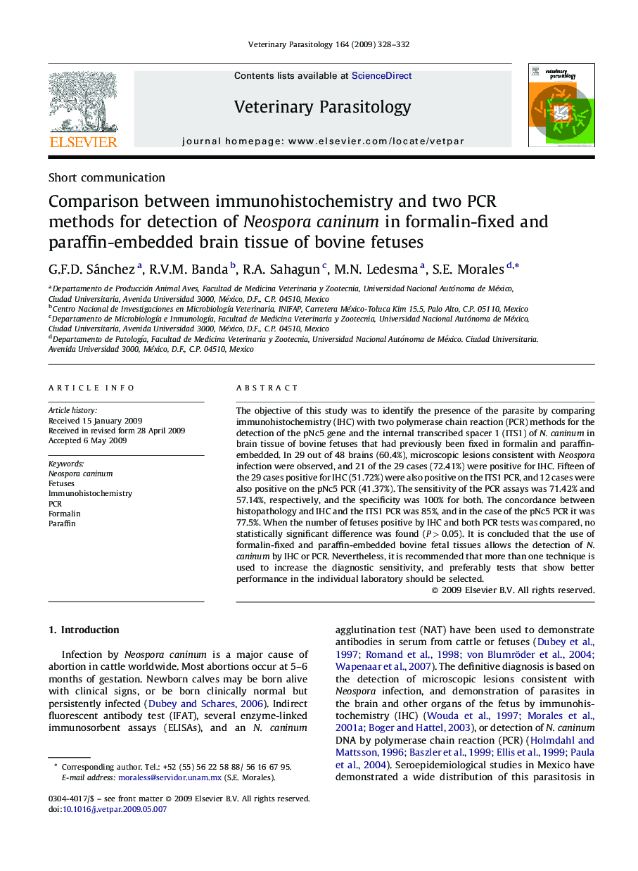Comparison between immunohistochemistry and two PCR methods for detection of Neospora caninum in formalin-fixed and paraffin-embedded brain tissue of bovine fetuses