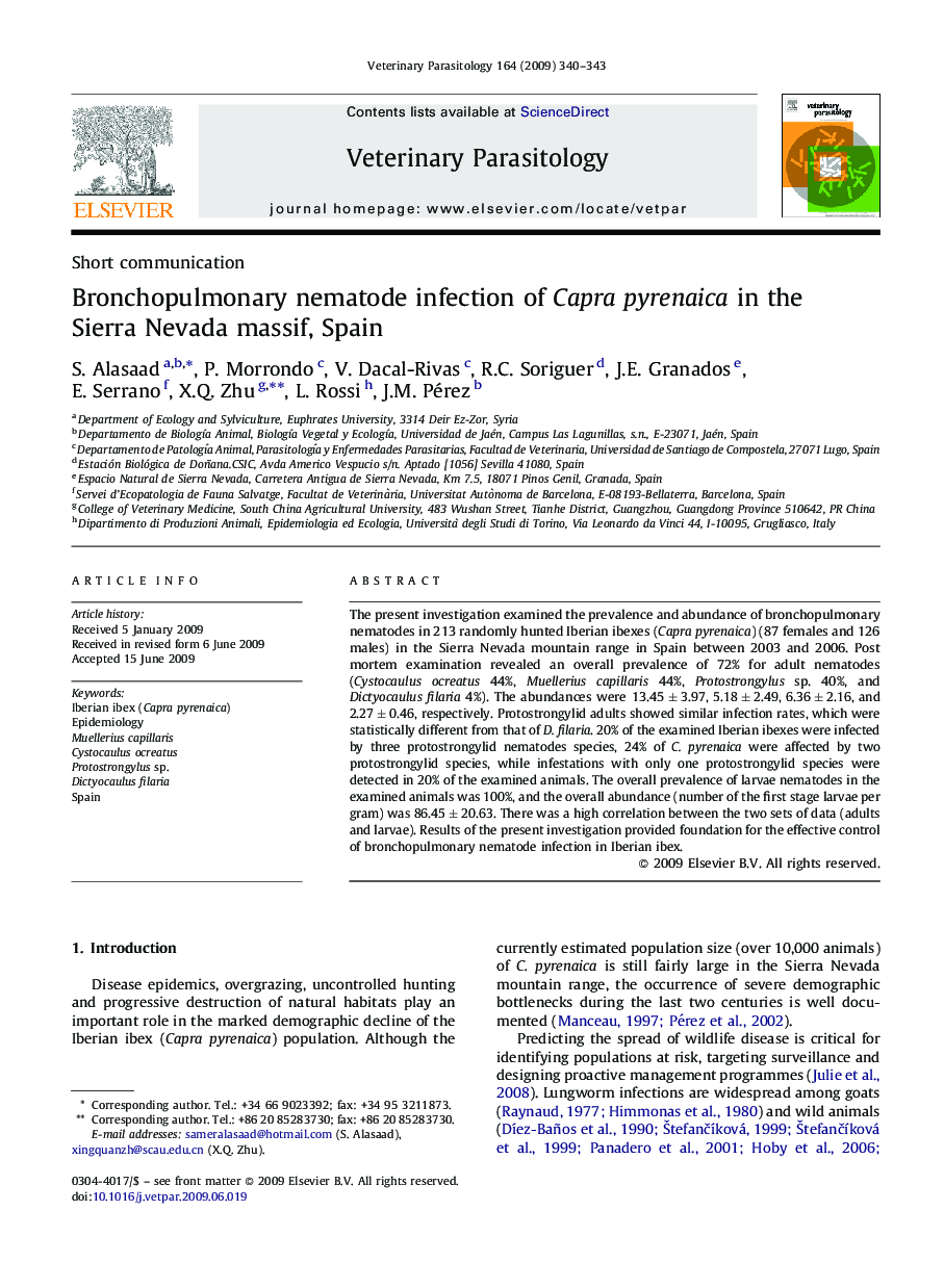 Bronchopulmonary nematode infection of Capra pyrenaica in the Sierra Nevada massif, Spain