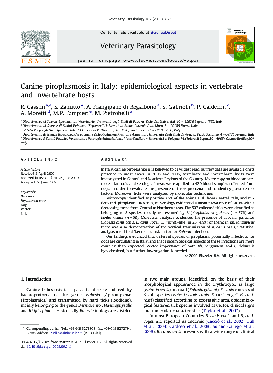 Canine piroplasmosis in Italy: epidemiological aspects in vertebrate and invertebrate hosts