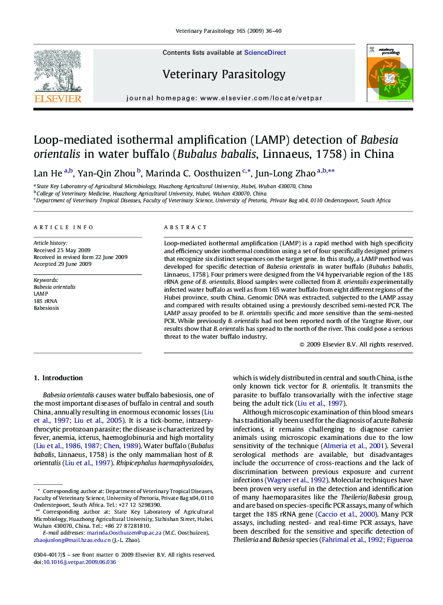 Loop-mediated isothermal amplification (LAMP) detection of Babesia orientalis in water buffalo (Bubalus babalis, Linnaeus, 1758) in China