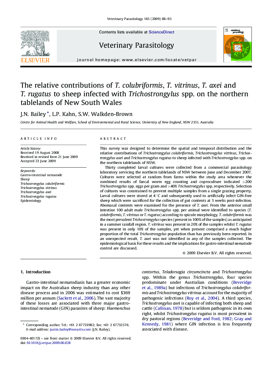 The relative contributions of T. colubriformis, T. vitrinus, T. axei and T. rugatus to sheep infected with Trichostrongylus spp. on the northern tablelands of New South Wales