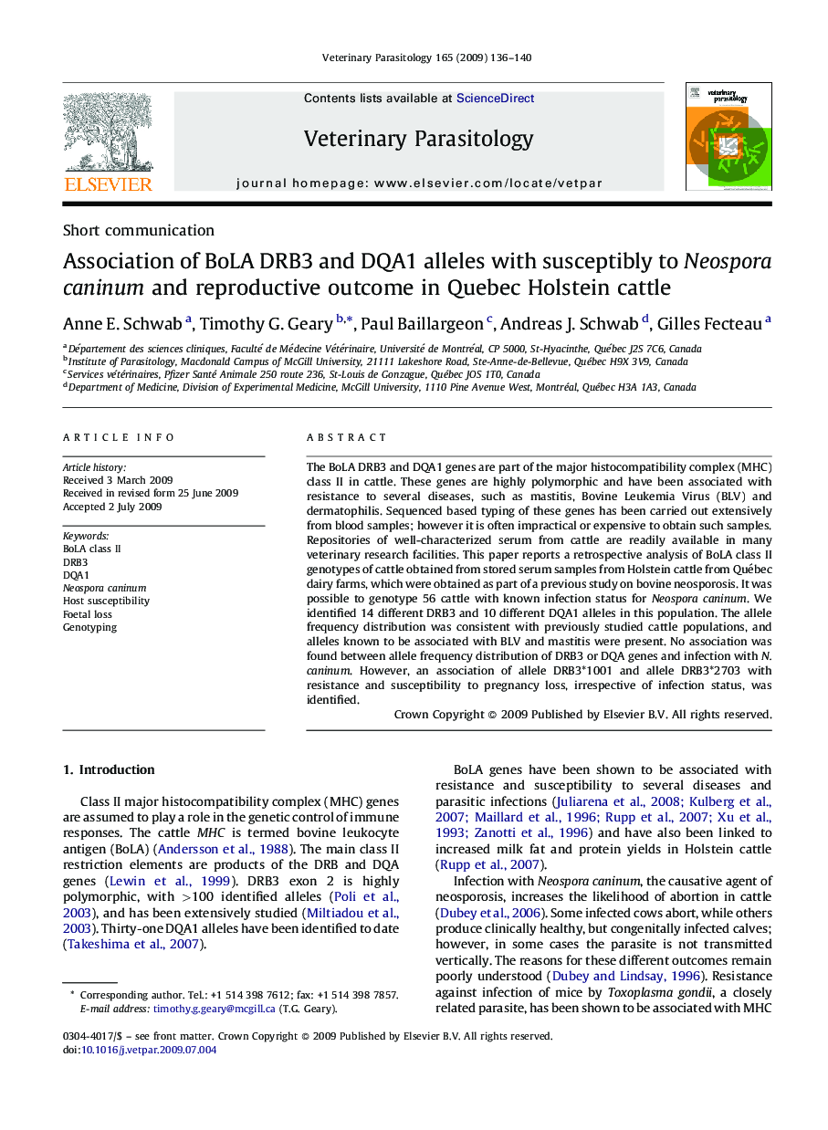 Association of BoLA DRB3 and DQA1 alleles with susceptibly to Neospora caninum and reproductive outcome in Quebec Holstein cattle