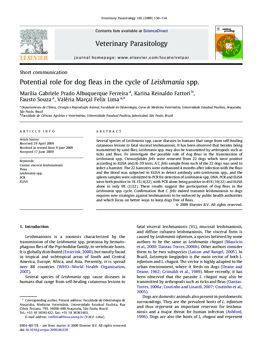 Potential role for dog fleas in the cycle of Leishmania spp.