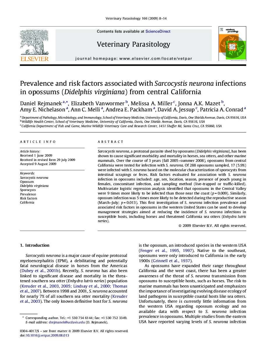 Prevalence and risk factors associated with Sarcocystis neurona infections in opossums (Didelphis virginiana) from central California