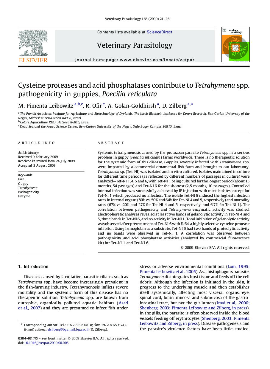 Cysteine proteases and acid phosphatases contribute to Tetrahymena spp. pathogenicity in guppies, Poecilia reticulata