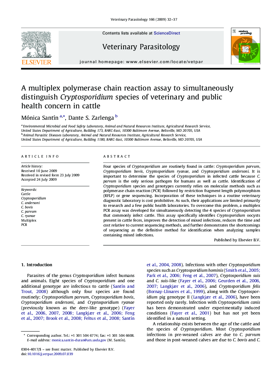 A multiplex polymerase chain reaction assay to simultaneously distinguish Cryptosporidium species of veterinary and public health concern in cattle