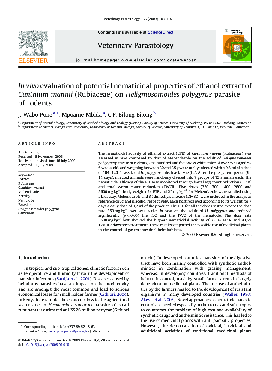 In vivo evaluation of potential nematicidal properties of ethanol extract of Canthium mannii (Rubiaceae) on Heligmosomoides polygyrus parasite of rodents