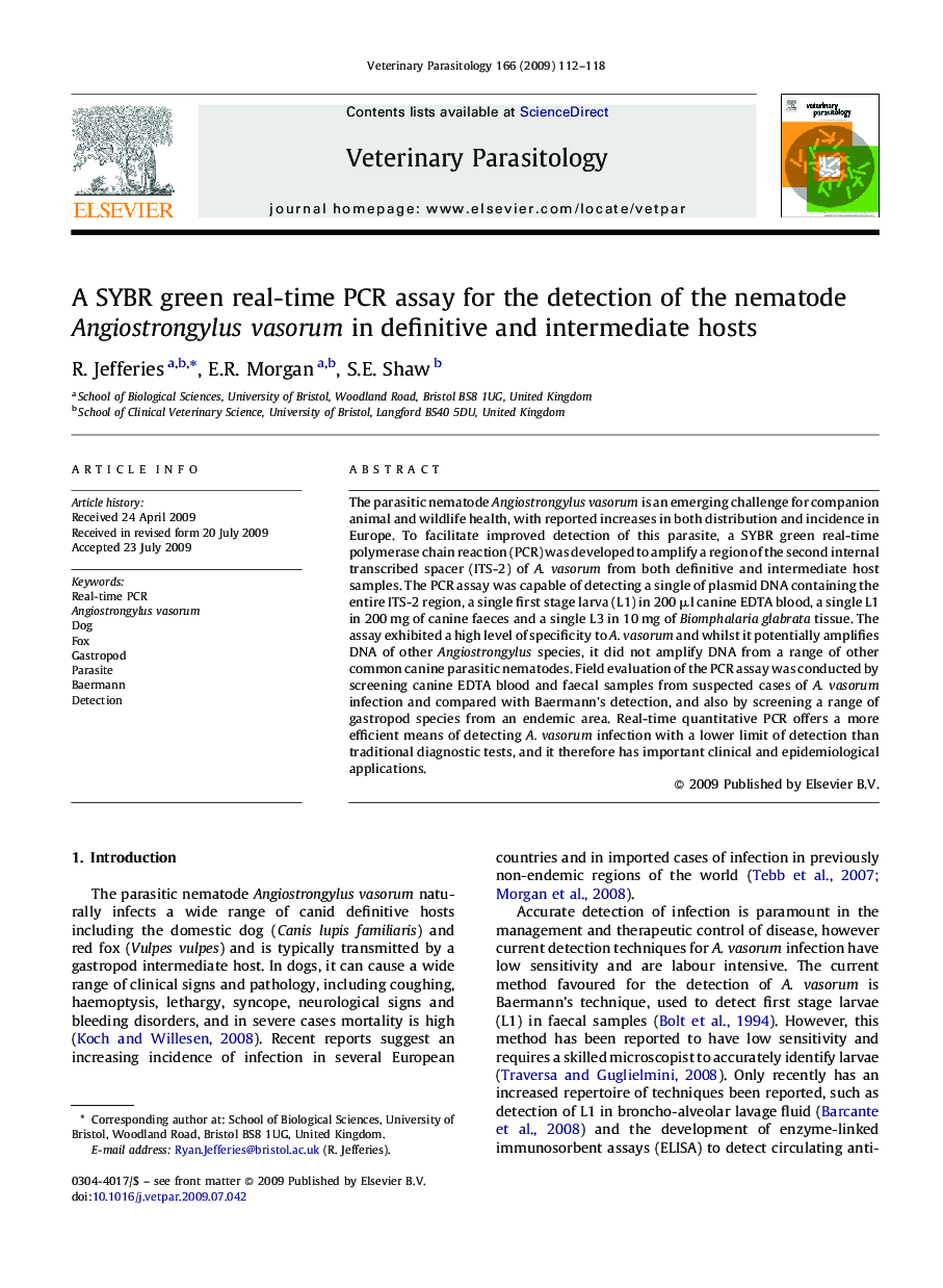 A SYBR green real-time PCR assay for the detection of the nematode Angiostrongylus vasorum in definitive and intermediate hosts