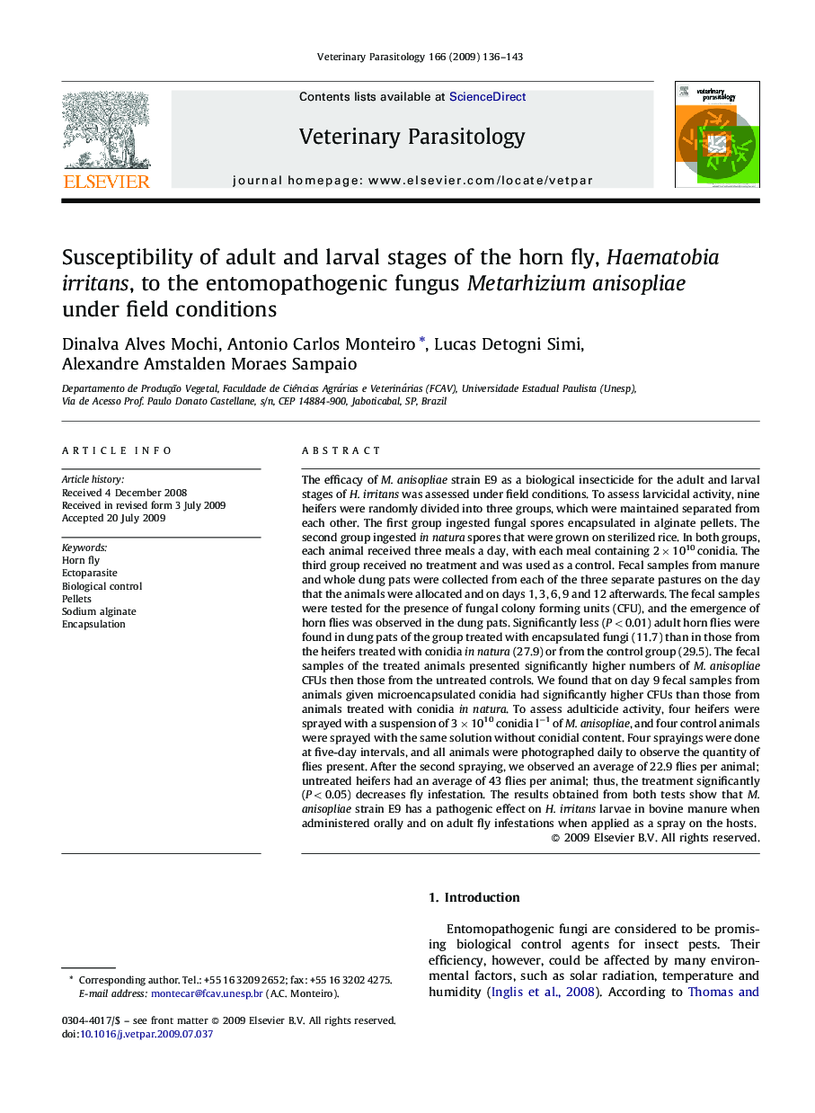 Susceptibility of adult and larval stages of the horn fly, Haematobia irritans, to the entomopathogenic fungus Metarhizium anisopliae under field conditions