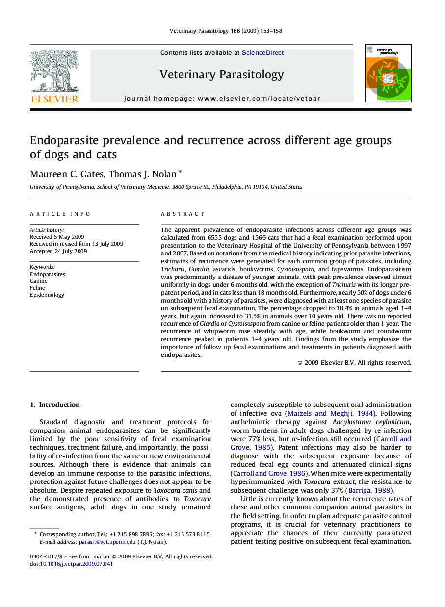 Endoparasite prevalence and recurrence across different age groups of dogs and cats