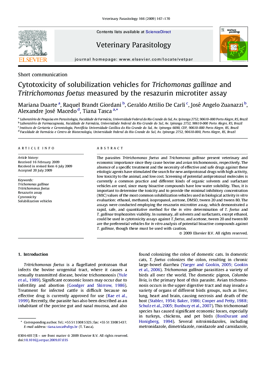 Cytotoxicity of solubilization vehicles for Trichomonas gallinae and Tritrichomonas foetus measured by the resazurin microtiter assay