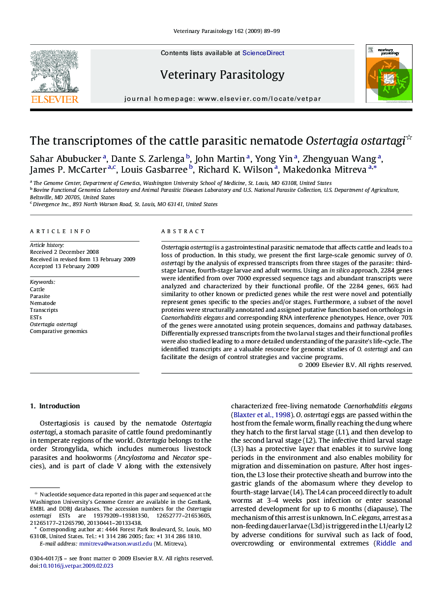 The transcriptomes of the cattle parasitic nematode Ostertagia ostartagi 