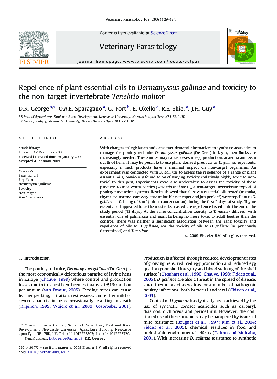 Repellence of plant essential oils to Dermanyssus gallinae and toxicity to the non-target invertebrate Tenebrio molitor