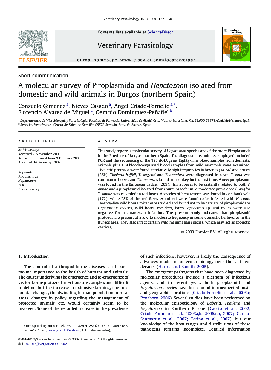 A molecular survey of Piroplasmida and Hepatozoon isolated from domestic and wild animals in Burgos (northern Spain)