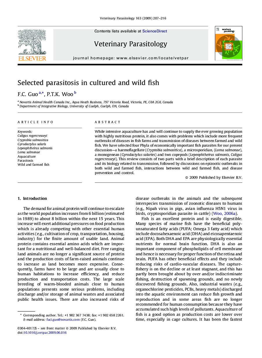 Selected parasitosis in cultured and wild fish